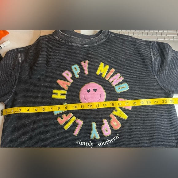 Simply Southern Boxy Ribbed Black Washed Sweatshirt Small Oversized Happy Face - Picture 7 of 7